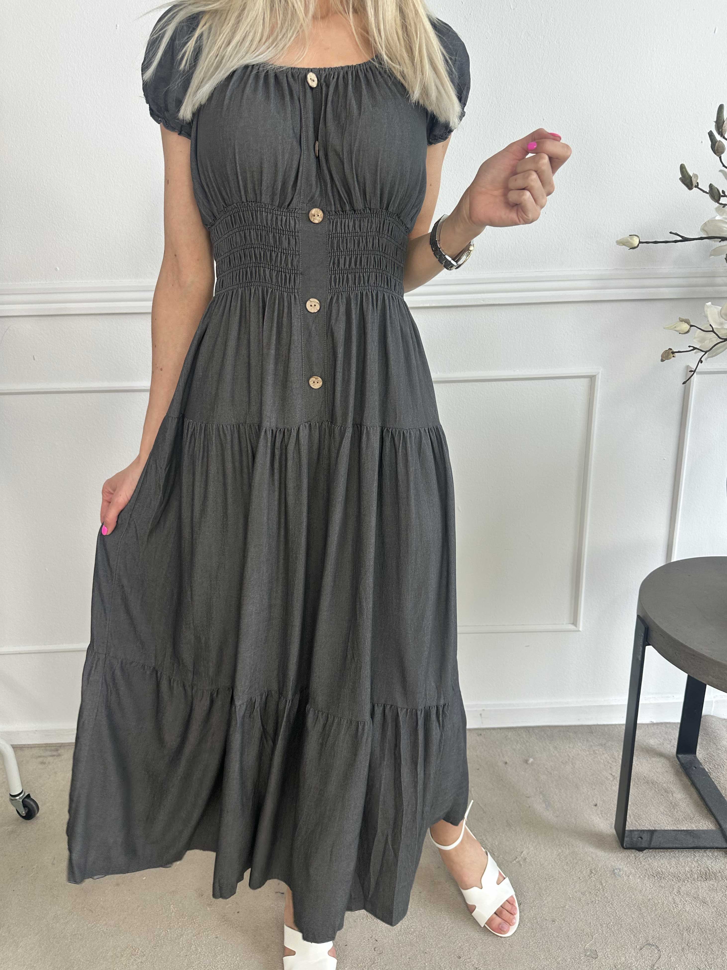 Alexina - Lang kjole i denimlook med elastik i taljen